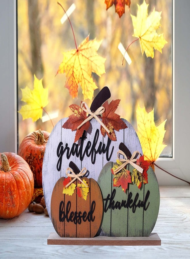 CYNOSA Fall Decorations for Home Blessed Grateful Thankful Fall Decor Wooden Pumpkin Tabletop Signs for Home Thanksgiving Farmhouse Living Room Harvest - Image 2